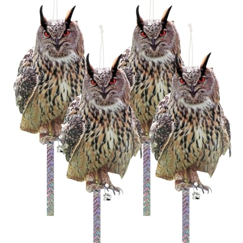 Bird Scarers for Gardens Roofs Yards Pigeon Deterrent with Reflective Tape Flat Fake Owl Bird Deterrent 4Pcs Owl Decoy to Scare Birds Away Pigeon Bird Repellent Devices for Seagull Squirrels