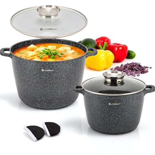 EliteHoff Olla de cocina antiadherente con tapa - Juego de 2 ollas de sopa de aluminio de 24/28 cm (6,5 L + 10,2 L) ollas de mármol grandes para inducción y todo tipo de cocinas (negro)