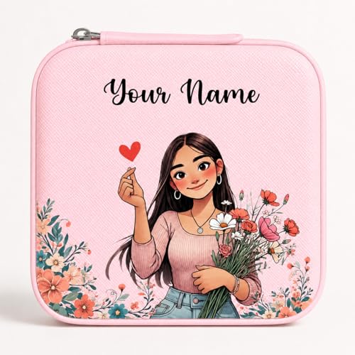 Image of PRIMIT Personalized Jewelry Box with Name & Birth Flower - Custom Travel Jewelry Organizer Case - Bridesmaid, Birthday, Christmas Gift for Women & Girls (Sunhat)