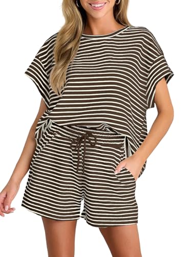 Tankaneo Damen Zweiteiler Kurzarm Lounge Set Sommer Outfits Gestreifte Lockere Pyjama Set Hausanzug Rundhalsausschnitt T Shirt mit Shorts