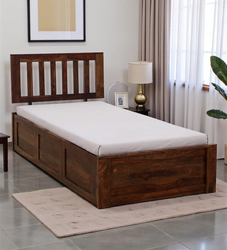 Image of Solid Sheesham Wood Wave Single Bed with Box Storage | Wooden Single Bed Cot Palang Furniture for Bedroom Living Room Home and Hotel (Provincial Teak Finish)