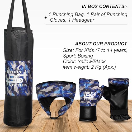 Image of Kids Champ Junior Punching Set | 1 Punching Bag, 1 Head Guard, 2 Gloves | Boxing Training Punching Bag & Gloves for Boys & Girls | for 3 to 10 Years Kids (Set of 4) (Blue Camo)