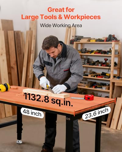 Image of VEVOR Adjustable Workbench, 1500 lbs Capacity, 48 x 24 Inch Oak Wood Top Workbench with 26.3-40.2 Inch Height Adjustment, Heavy-Duty Hardwood Worktable for Garage, Workshop, Home, Office, Commercial