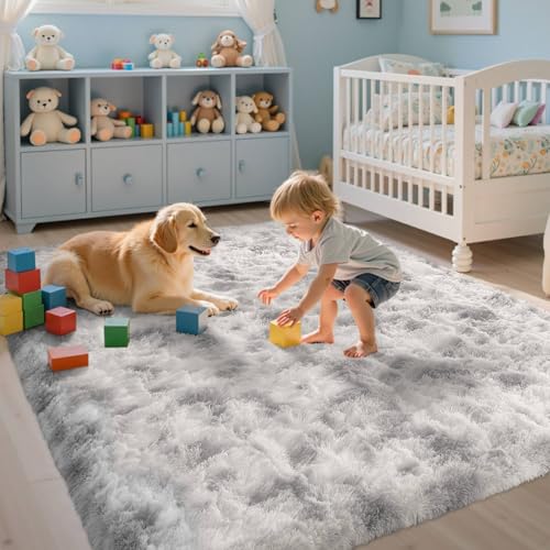 5x8 ft Rug for Living Room Fluffy Grey White Shag Rug Non-Slip Area Rugs Carpet for Bedroom Nursery Kids PlayRoom Dorm Office Indoor Modern Plush Carpets