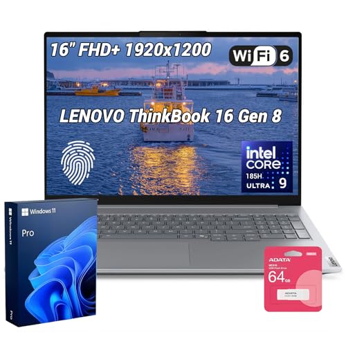 Image of Lenovo ThinkBook 16 Gen 8 Business AI Laptop, Intel Core Ultra 9 185H, 16 inch FHD+ IPS, 32GB DDR5, 1TB PCIe SSD, Wi-Fi 6, HDMI, Fingerprint Reader, IR Camera, AI-Ready, Windows 11 Pro, Grey, w /Bundle