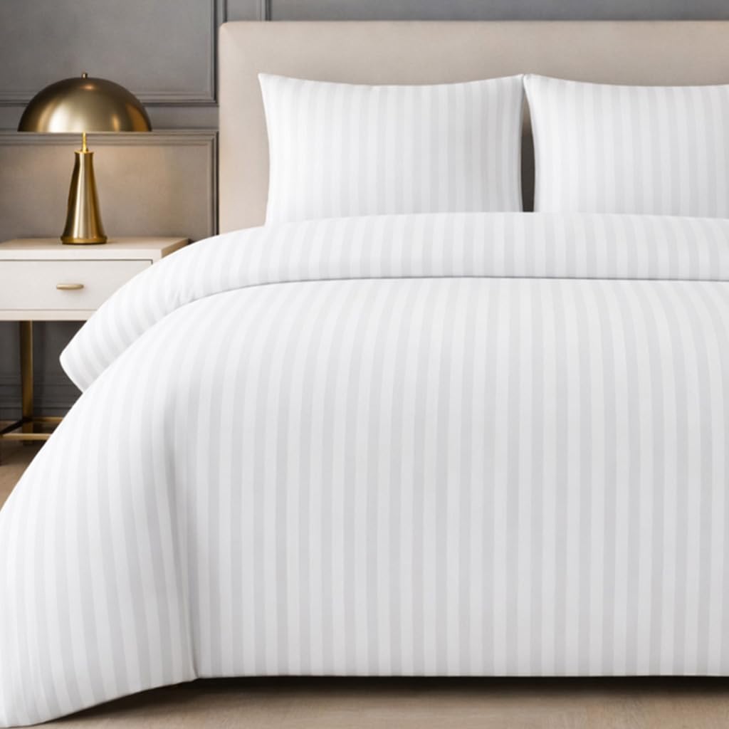 Lazzaro Home Feel The Difference White Lazzaro Satin Stripe Single Duvet Cover Set Pack Of 2 - Premium Hotel Quality Quilt Cover Single Bedding Set - Ultra Soft Hypoallergenic Duvet Cover Single With Zipper Closure