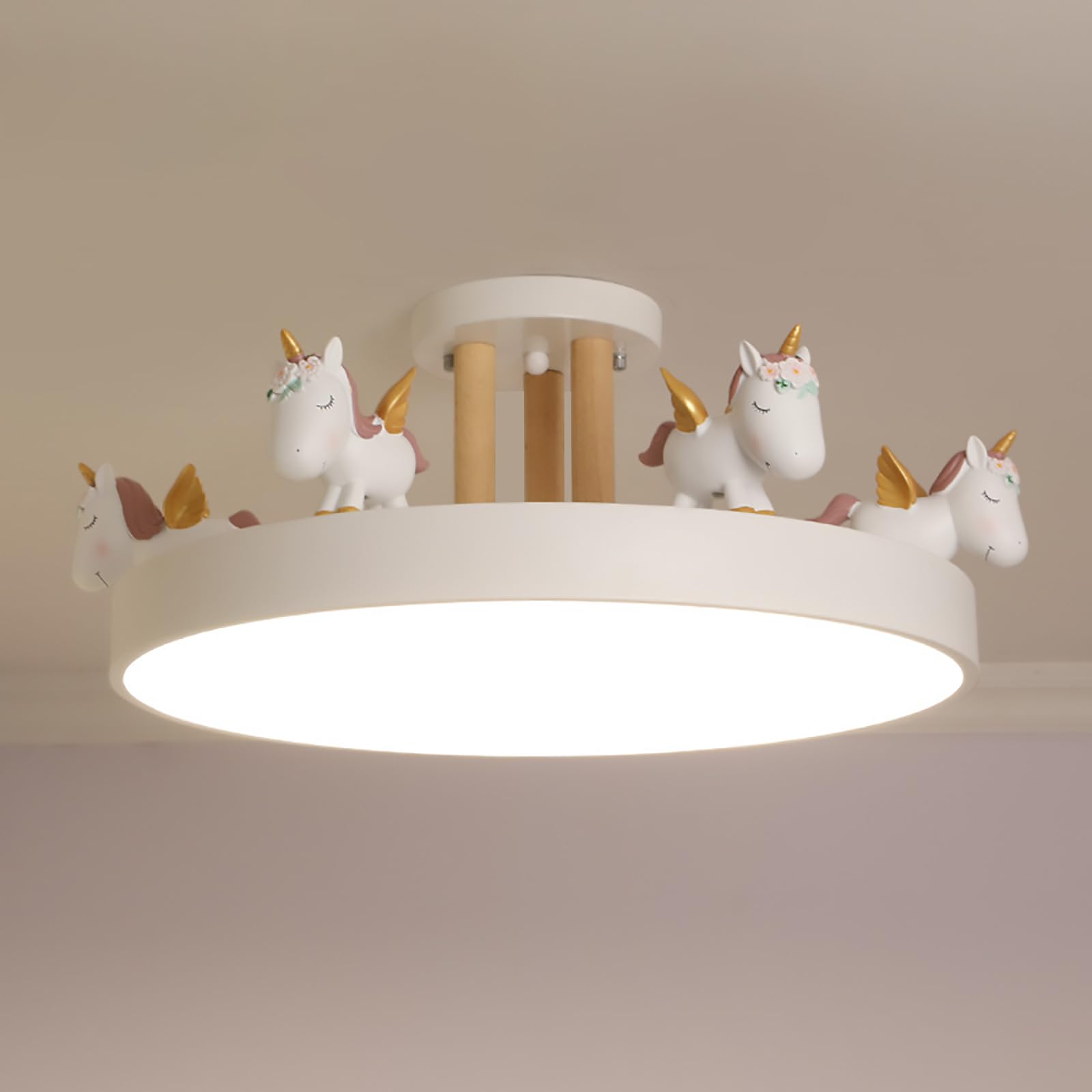 HYJAUSXB Cartoon Ceiling Light Girls Room Lighting Fixtures, Round LED Chandelier 3 Color Dimmable, Flush Mount Kids Lamp for Baby Bedroom,Study Room(Wood Rod, White)