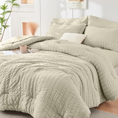 Image of HYMOKEGE Light Linen Full Size Comforter Sets Seersucker 7 Pieces, All Season Luxury Bed in a Bag for Bedroom, Bedding Set with Comforter, Sheets, Pillowcases & Shams