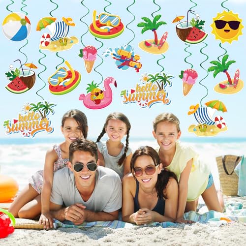 Image of 40Pcs Summer Hanging Swirls, Hello Summer Pool Beach Hanging Swirls Summer Hanging Decorations Streamers Foil Ceiling Swirls for Summer Hawaiian Luau Birthday Party Baby Shower Decor