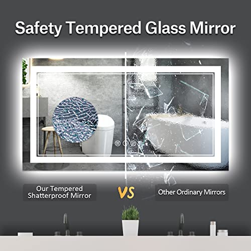 55x30 Inch LED Bathroom Mirror, Backlit and Front Light Anti-Fog Dimmable Memory Lighted Vanity Mirror, Large Shatterproof Wall-Mounted Led Mirror for Bathroom