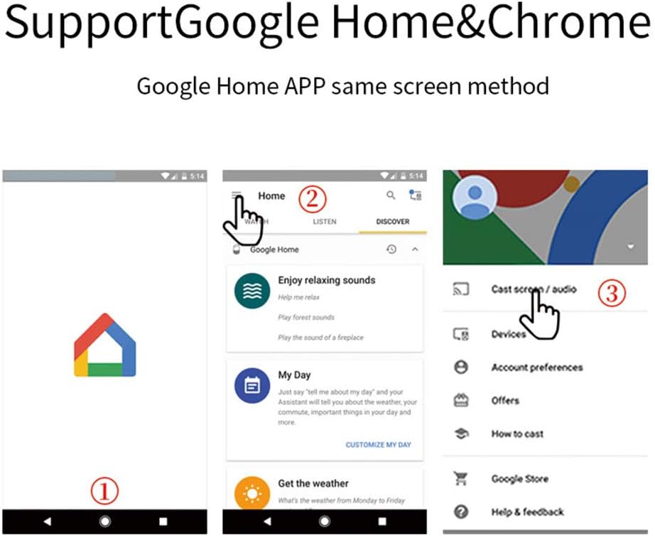 Screenshots showing Google Home app steps for casting