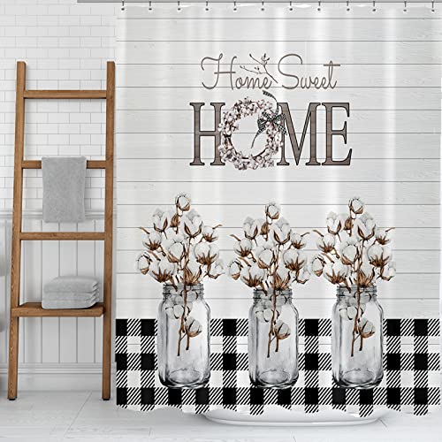 Rustic Farmhouse Shower Curtain, Floral Flower Countryside Fabric Shower Curtains, Cotton Plant Shower Curtain Liner, White Black Plaid Check Fabric Bathroom Curtain With Hooks 72X72Inches #TOP2