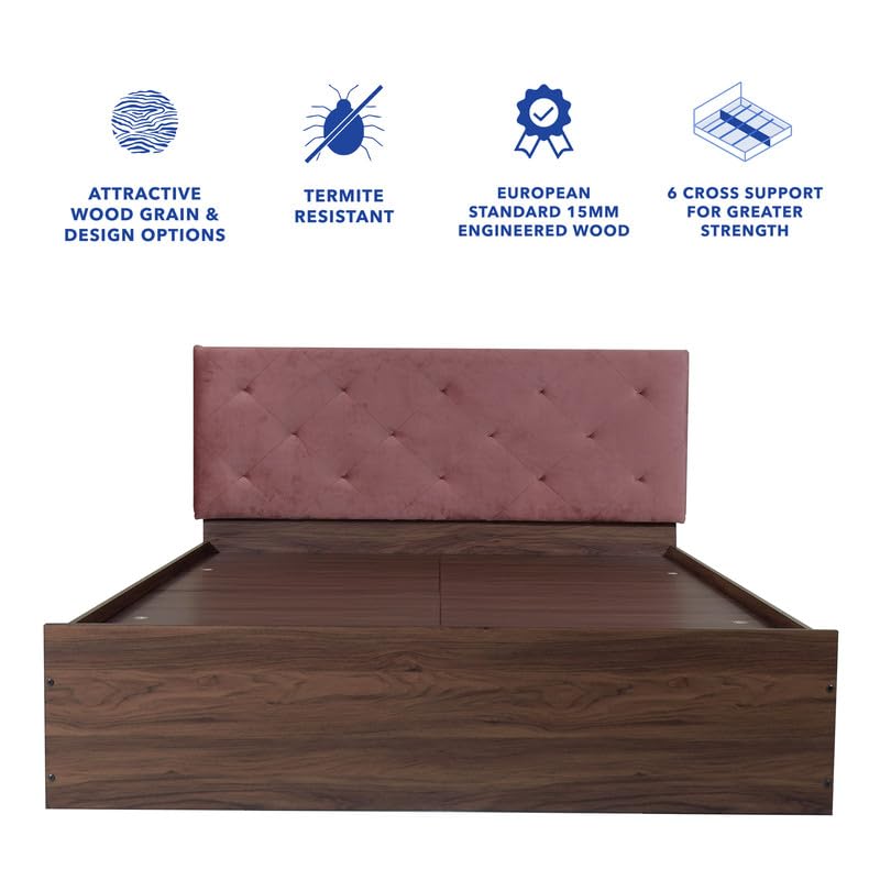 Image of Amazon Brand - Solimo Bed | 1 Year Warranty | Double Bed, Queen Size, Nirodhah Premium Upholstery, Comfortable Seating Height Bed, Non-Woven Base & 3mm MDF, Walnut Colour (Melamine Finish)