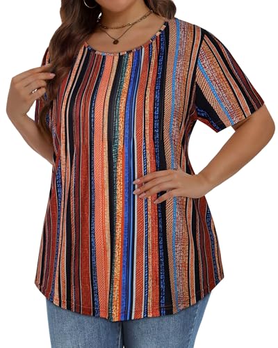 Image of Plus Size Tops for Women Pleated Summer Top Trendy Short Sleeve Shirts Casual Basic Tee Crew Neck Blouses 2026