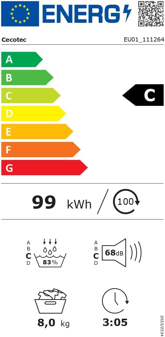 Diagram showing the dimensions of the Cecotec dryer: 84.5 cm height, 59.8 cm width, 65.2 cm depth.
