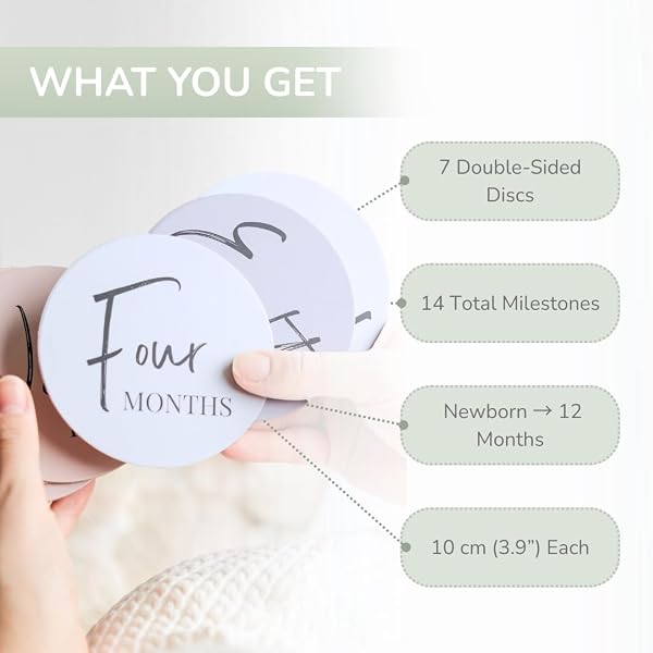 Tiny Trees® Baby Milestone Cards – 7 Double-Sided Milestone Baby Cards Signs for Monthly Photos – Gender Neutral Newborn Baby Gifts – Tear-Resistant Keepsake Baby Milestone Discs (0–12 Months) - 5