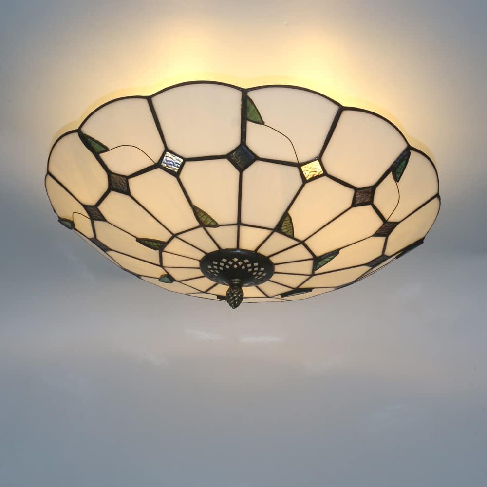 16 Inch Tiffany Style Stained Glass Ceiling Light Tiffany Flush Mount Ceiling Light Vintage Chandeliers Pendent Light Lighting Fixture Lamps (16 Inch Leaf White)