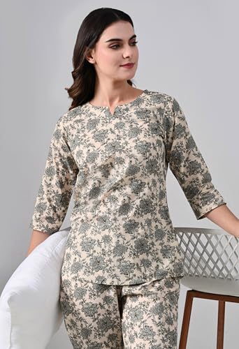 Image of Ichaa Women's Cotton Printed Night Suit - Top & Bottom Set