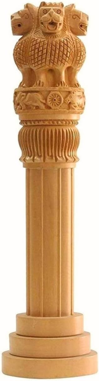 eSplanade 8" Wooden Ashok Sthambh/Ashoka Stambh Stoop Pillar Statue Showpiece - Gift for Government Employees Office Table Decoration
