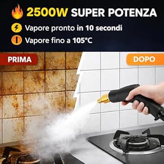 Pulitore a Vapore 2500W - Portatile ad Alta Pressione, 6 Velocità Regolabili, 3 Testine d Utilizzo, Serbatoio 1200 ml - per Casa, Cucina, Bagno, Finestre, Auto