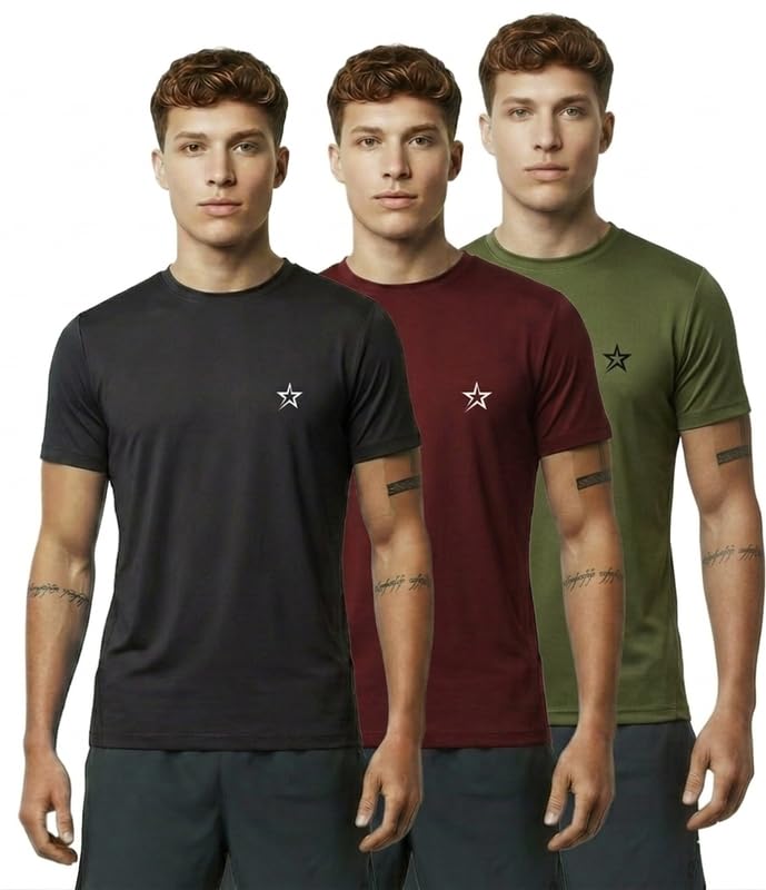 acrux Men's Performance Training T-Shirt, Athletic Fit Workout Top with Star Logo, Moisture-Wicking Dry-Fit Gym Tee | Pack of 3-picture-13