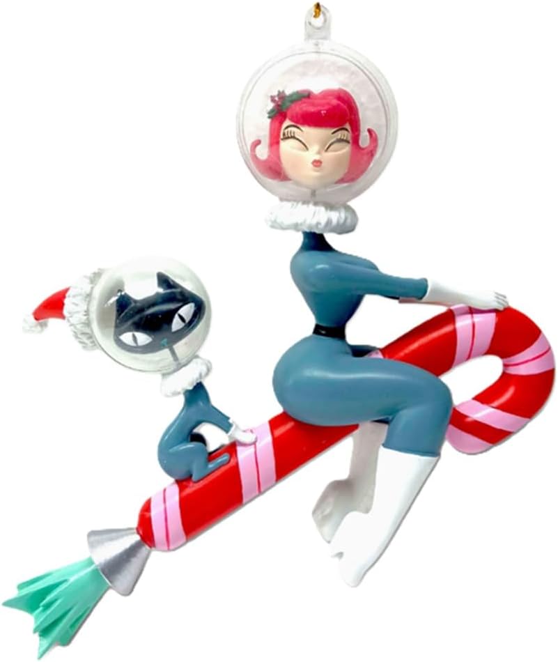 December Diamonds Stella & Orbit Candy Cane Rocket Girl Figurine – Retro Christmas Space Girl Collectible Holiday Decor