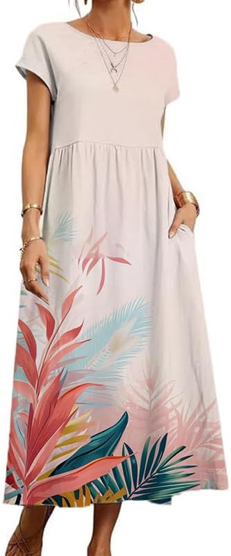 Boho Maxi Dress Floral Cap Sleeve High Waist Smocked Flowy Casual Church Summer Lon...