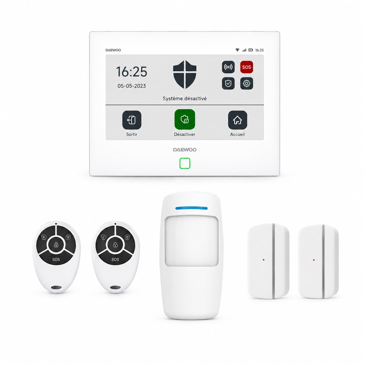 Daewoo Security Pack Alarma AM302, Central de Pantalla táctil de 7 Pulgadas, Detector de Movimiento Apto para Animales, contactores de Puerta y Mando a Distancia. Sirena y batería integradas. Control
