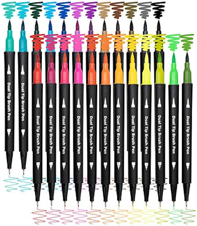 Dual Brush Markers for Coloring, 24 Count Colored Markers, Fine Tip and Brush Tip Art Markers, For Kids Adult Coloring Book Bullet Journal Planner, Take Notes Coloring Writing