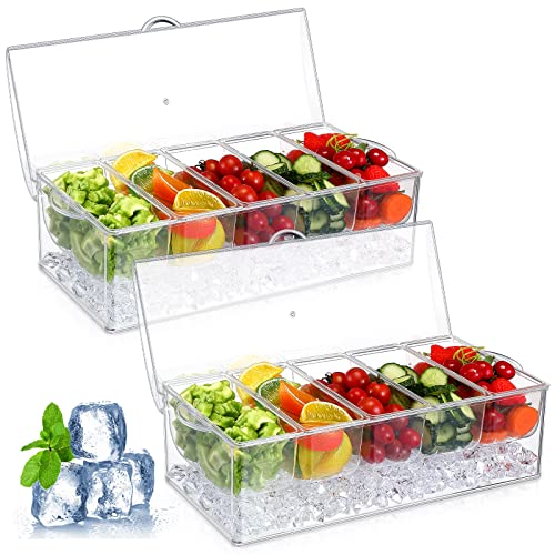 2 Pieces 5 Chilled Condiment Server with Hinged Lid Condiment Tray with Ice Chamber Cooled Compartment Container Caddy Organizer Removable Dishes for Salad Fruit Cheese Outdoor Party Bar Supplies