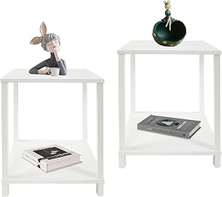 NO MORE TAG Patio Side Table Set of 2, Outdoor End Table for Patio with 2-Tier Open Storage Shelf Rectangular Side Table Wood Frame Patio Side Table for Outdoors, Easy Assembly White 2Pcs
