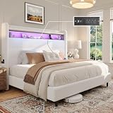 Jocisland Queen Bed Frame with Tall Headboard and LED Lights Charging Station Upholstered Platform Bed Wingback, No Box Spring, Boucle White