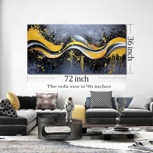 Image of AOZEMI Abstract Wall Art for Living Room Art Hand Painted Artwork | Black Wall Decor Large Gold Art Picture for Bedroom Office Luxury Splatter Decor 72 inchL x 36 inchW