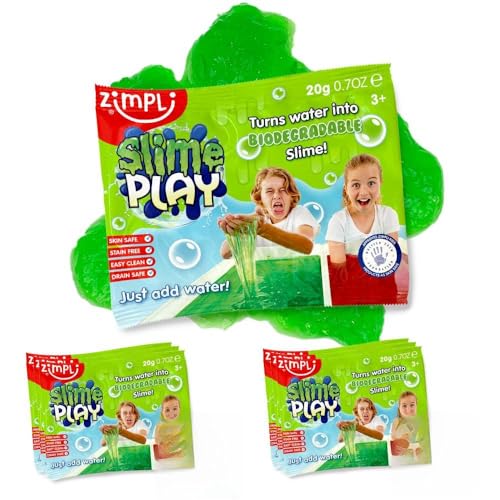 ZIMPLI - 6 x Slime Play Party Bag Fillers, Green & Red, Magically turns water into thick, colourful slime, Party Favours for Boys & Girls, Christmas Stocking Fillers