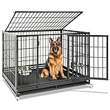 Homey Pet Heavy Duty Large Dog Crate, 47 Inch Stackable Dog Crate with Wheels(4 Lockable), Double Doors and Removable Trays, 2 Bowls, Escape Proof Strong & Solid XL Dog Crates for Large Dogs