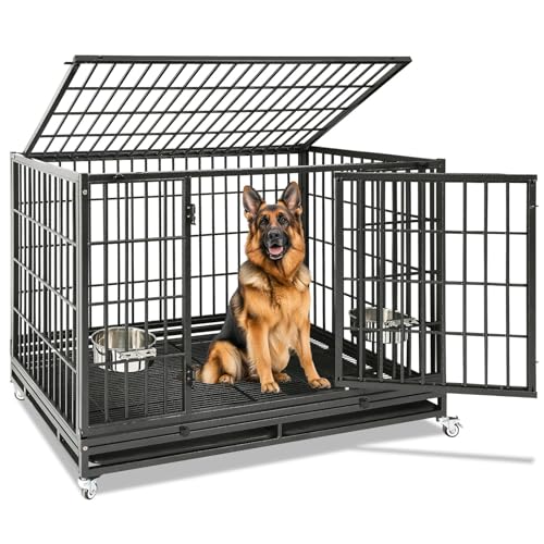 Homey Pet Heavy Duty Large Dog Crate, 47 Inch Stackable Dog Crate with Wheels(4 Lockable), Double Doors and Removable Trays, 2 Bowls, Escape Proof Strong & Solid XL Dog Crates for Large Dogs