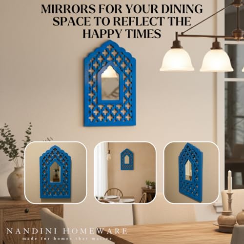 Image of Nandni Homeware Handcrafted Traditional Wooden Jharokha Wall Art with Mirror Work | Boho Vintage Style Decorative Wall Hanging for Living Room, Bedroom & Home Interiors (Blue Mughal)