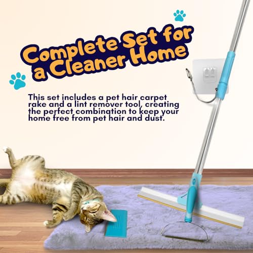 Image of Pet Hair Scraper Set 3 piece - Includes Retractable Carpet Rake, Scraper for Furniture, and Carpet Brush - Easily Removes Embedded Pet Hair from Rugs, Couches, Pet Beds & More