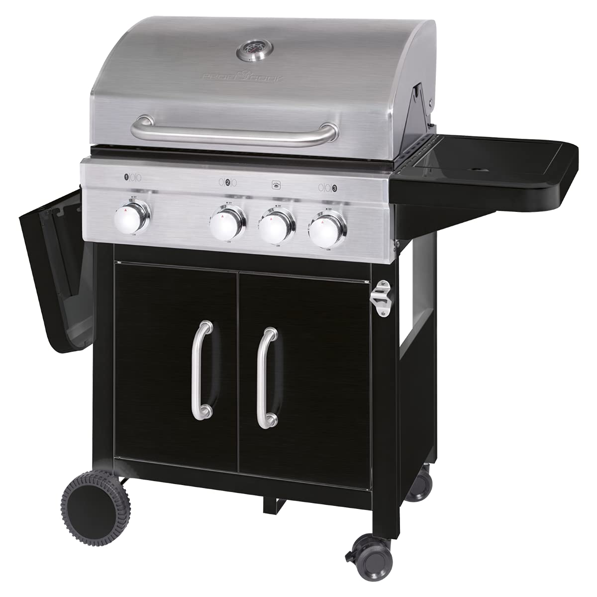ProfiCook PC-GG 1219 - Barbacoa de gas, 3 quemadores de acero inoxidable + fogones adicionales (3 + 1), superficie de parrilla de 66 x 38 cm, 4 ruedas (2 de ellas con bloqueo), color negro
