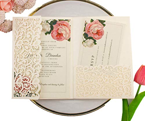 25Pcs 5"X7.28" Ivory Vintage Tri Fold Wedding Invitations Cards Pocket Pearl Paper Laser Cut Hollow Carving Greeting Invites Covers Only No Envelope No Insert #TOP2