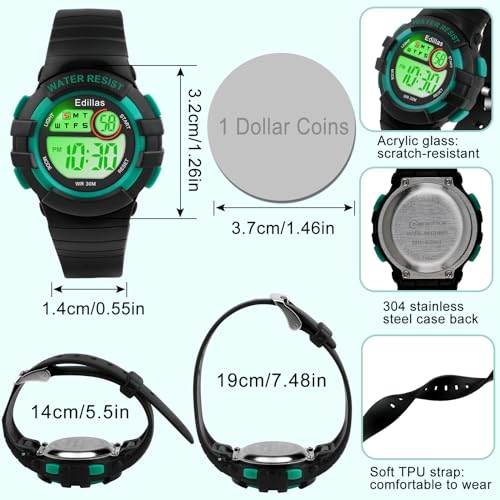 Image of Edillas Kids Watches Digital Girls Boys, 7 Colors Light Wrist Watch for Child Waterproof Sport Outdoor Multifunctional Wristwatches with Stopwatch /Alarm for Ages 4-15 (Black-Green)