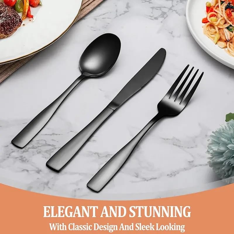 Image of aDai Charcoal Black Silverware Set, Satin Finish | 16-Piece Stainless Steel Flatware Set | Dishwasher Safe Kitchen Cutlery for Home, Restaurant & Gifting