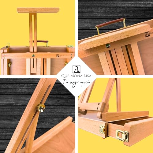 QUE MONA LISA Caballete mesa plegable profesional GAUGUIN con cajon. Incluye pinceles y paleta de pintura. Ajustable para lienzos grandes y pequeños. Maletin Madera de Haya. Adultos, niños - imagen 7
