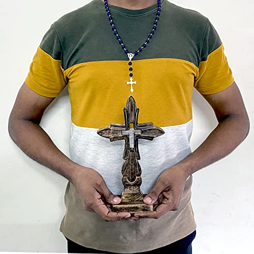 KSJONE Handmade Antique Design Rustic Wooden Standing Crucifix Table Wood Cross Catholic Crucifix with Stand Decorative Religious Altar Spiritual Art Sculpture Home Living Room Decor for Christmas(10 Inch)