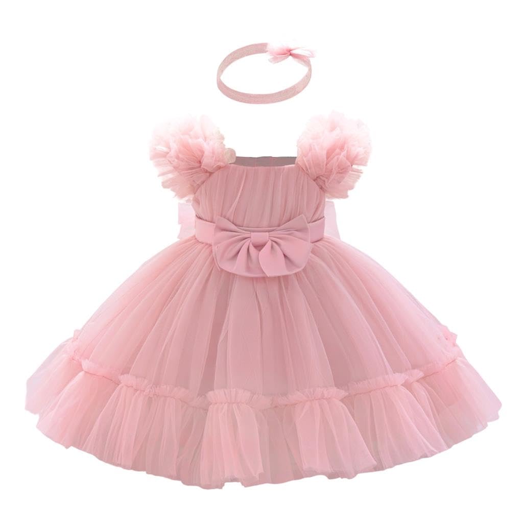 Lito Angels Robe en Tulle Fille avec Bandeau, Taille 9 Mois-3 Ans | Bandeau assorti, Corsage sans manches, encolure carrée, jupe tulle 4 couches, gros nœud à la taille, Mariage, Cérémonie, Fête