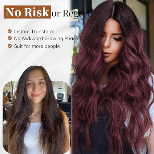 Image of AISI HAIR Wig for Women, Long Red Wavy Lace Hairline Middle Part Synthetic Heat Resistant Wig for Daily Party-26 Inch