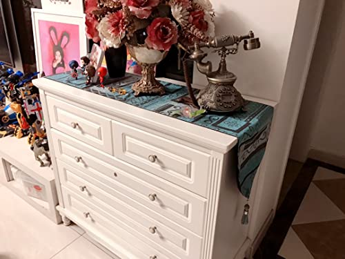 Artbisons Table Runner, 13X95 Inches Double Layer Jacquard Teal And Silver Table Runner With Tassel Mediterranean Collection For Dining Room Dresser Decor #TOP4