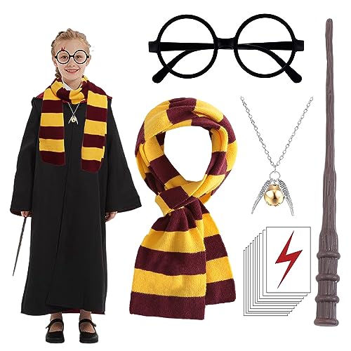 Beamely 14 Pcs Wizard Costume Accessories Set, Harry Cosplay Accessories Kit with Magic Wand, Necklace, Scarf, Glasses