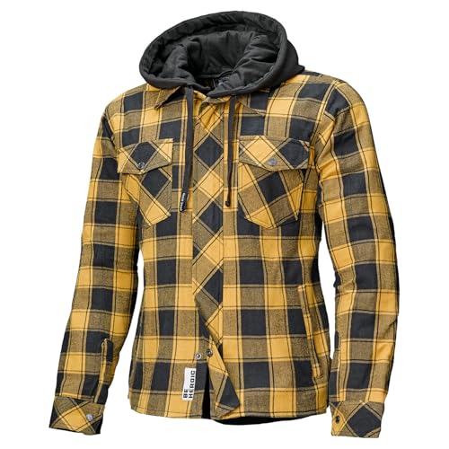 Held Lumberjack 2 - Motorrad Hemd mit Protektoren - CE zertifizierte Motorrad Jacke Herren EN 17092 - Flanell Material - Abnehmbare Kapuze - Soft-Protektoren Schulter&Ellbogen - Schw/gelb, Größe XXL
