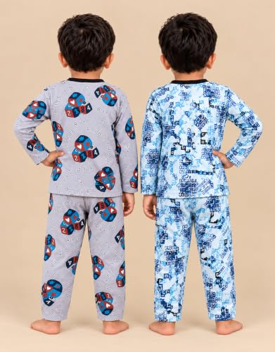 Image of 3BROS Kids Pure Cotton Night Suit Set | Boys Girls Printed Sleepwear Shirt & Pajama Clothing Combo | Soft Breathable Night Dress Outfit | Pack of 2